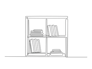 Continuous line art drawing of bookshelf furniture illustration. Shelves and books in one line drawing vector illustration. Editable stroke.