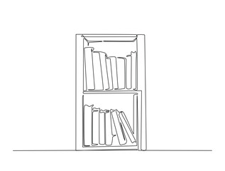 Continuous line art drawing of bookshelf furniture illustration. Shelves and books in one line drawing vector illustration. Editable stroke.