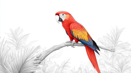 Obraz premium Scarlet Macaw on Branch - A vibrant scarlet macaw perched on a branch, set against a grayscale tropical foliage background