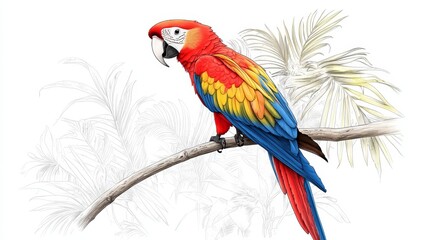 Obraz premium Scarlet Macaw on Branch - A vibrant scarlet macaw perched on a branch, set against a sketched background of palm fronds. The bird's plumage is detailed and colorful
