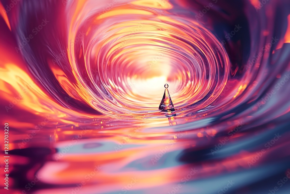Poster abstract water drop colliding surface inside swirling multicolored tunnel