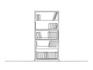 Continuous line art drawing of bookshelf furniture illustration. Shelves and books in one line drawing vector illustration. Editable stroke.