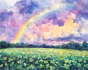 Obraz premium Watercolor painting of a clover field landscape at spring rain, midwest americana, dramatic sky with rainbow breaking through, atmospheric perspective