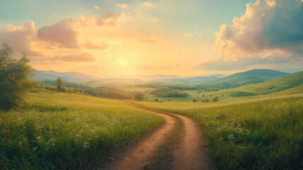 Fototapeta premium Summer sunset over a green field with a dirt path, creating a serene rural landscape