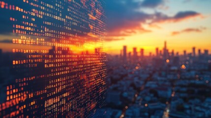 Cityscape Sunset Binary Code Data Display