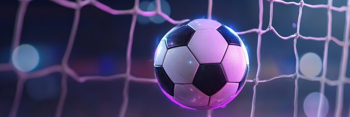 Soccer Ball in Net - Close-up of a soccer ball in a net, glowing with purple and blue light. Perfect for sports themes