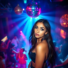 Naklejka premium Hermosa mujer hispana mirándome en el club