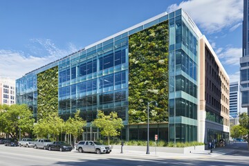 Obraz premium A bright and airy office environment with a natural vertical garden, modern furniture, and an open-concept layout.