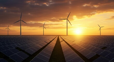 Renewable energy landscape solar panels and wind turbines embracing future power