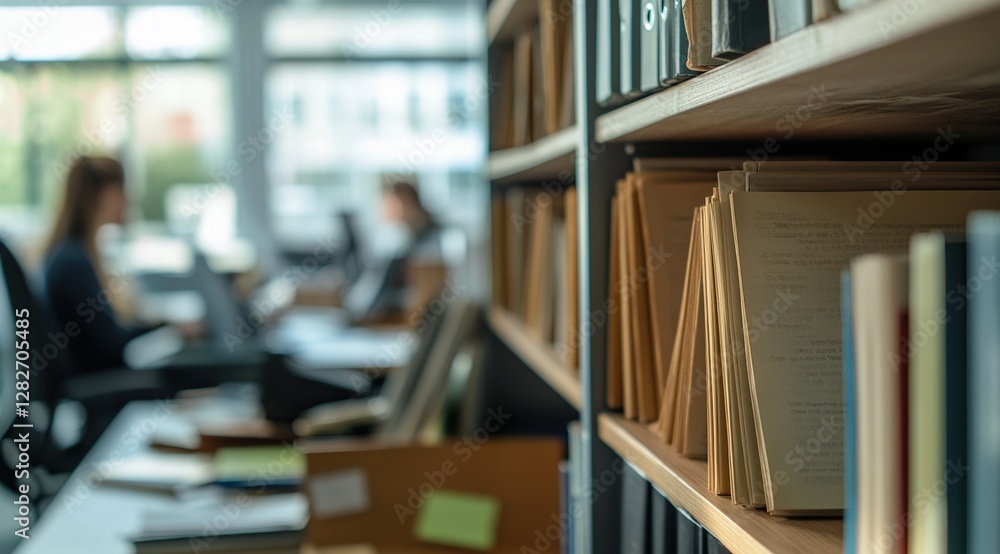 Poster office workspace with bookshelves: documents and files organized on shelves, creating a productive w