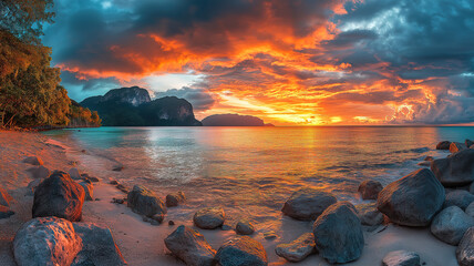 Cloudy dramatic sunset over the Gulf of Thailand, showcasing vibrant tropical colors