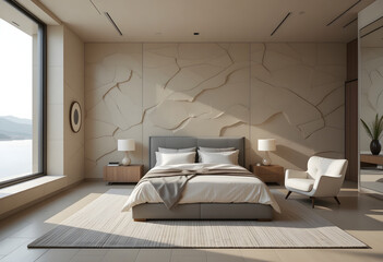 modern bedroom interior, large bed, Luxurious Bedroom with Sculpted Stone-Inspired Walls and Neutral Tones