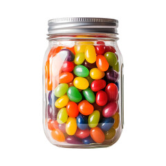 A transparent mason jar filled with colorful jelly beans isolated on transparent background, PNG, cut out