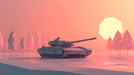 Tank in a sunset, military vehicle positioned in serene landscape, vibrant colors, evokes strength and tranquility.