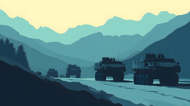 Tranquil landscape with mountain range, vehicles traveling on winding road, serene color palette, perfect for travel themes.