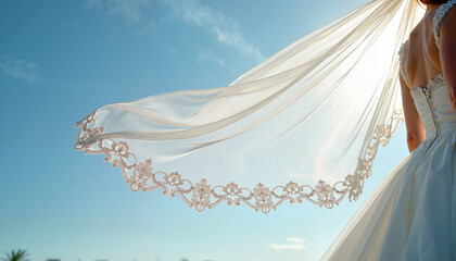 Flowing Lace Wedding Veil in the Wind