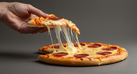 Hand Lifting Slice of Cheesy Pepperoni Pizza with Melting Mozzarella
