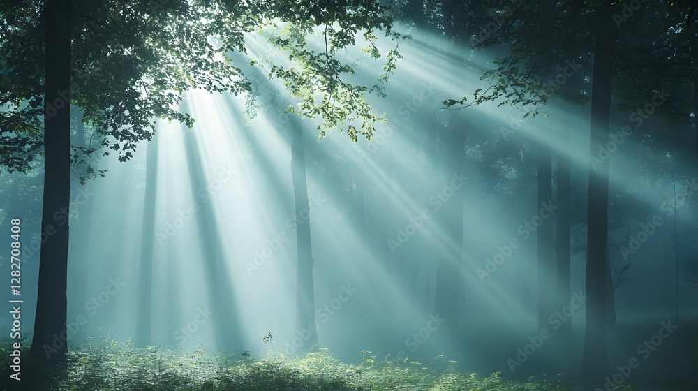 Poster mysterious forest scene, sunlight filtering through tall trees, creating ethereal shadows on the for