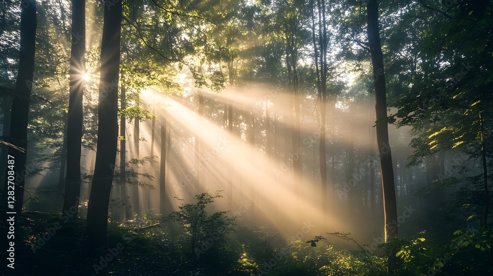 Poster sunlight filtering through tall trees, serene forest scene with mist creating a tranquil atmosphere,