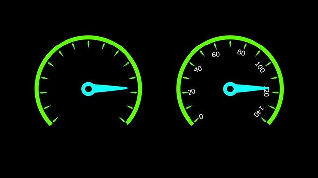cyan color Bright speedmeter animation.black background from 1 to 100 , and 4k video.
