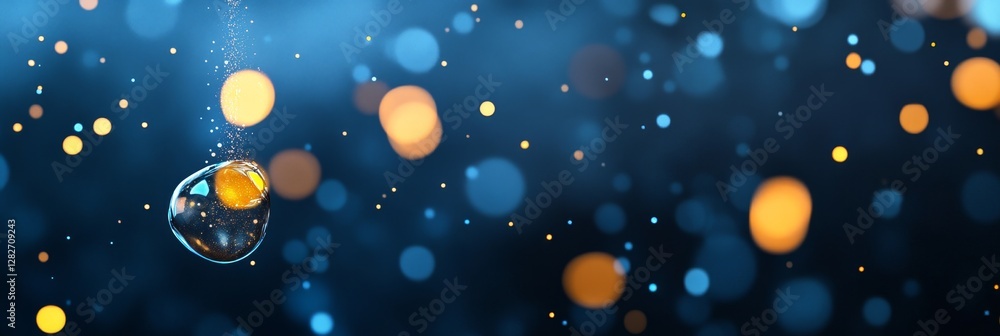 Poster water drop abstract background - a single water drop falls, creating ripples and bokeh lights in a d
