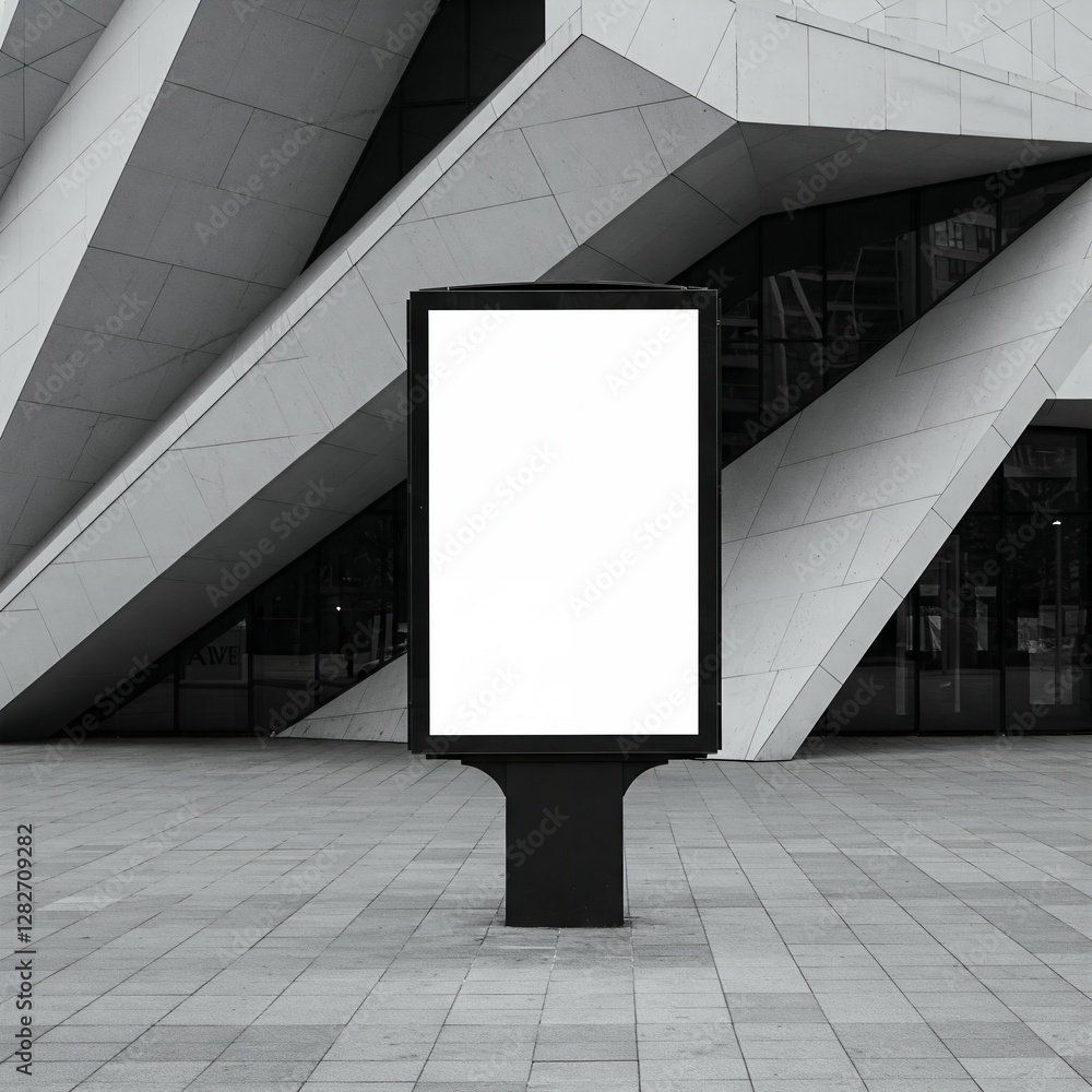 Aufkleber a blank billboard stands in front of a modern, geometric building with angular architectural feature