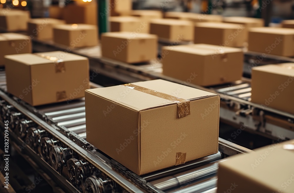Poster automated cardboard boxes move on conveyor belt system in a warehouse, efficiently transporting good