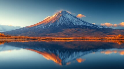 Fototapeta premium Volcanic mountain in morning light: radiant sunbeams create mirror-like reflections on a calm lake, showcasing majestic natural beauty and pristine wilderness
