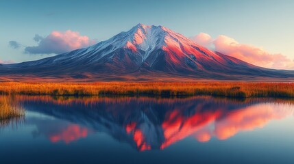 Fototapeta premium Volcanic mountain in morning light: radiant sunbeams create mirror-like reflections on a calm lake, showcasing majestic natural beauty and pristine wilderness