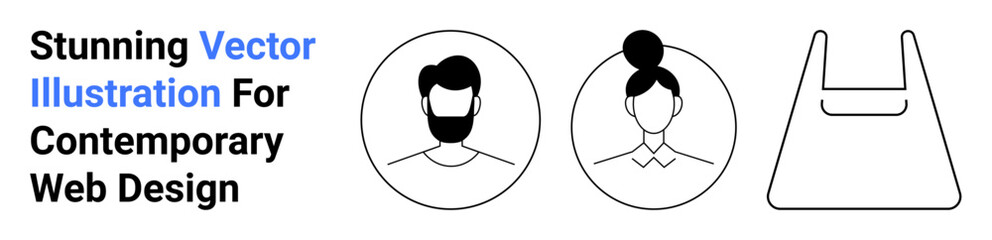 Male and female profile icons in circles alongside a geometric shopping bag outline. Ideal for user interfaces, profile identification, e-commerce, branding, digital illustrations, graphic design