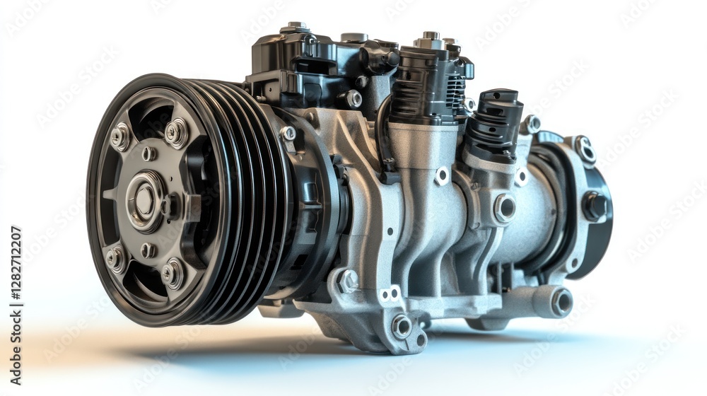 Poster Close-up of a car air conditioning compressor, showcasing its intricate design and components against a white background.