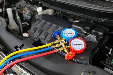 Air refrigerant meter manifold gauge for car care maintenance services and check car air...