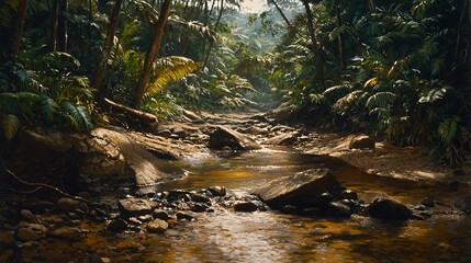 Serene Jungle River Scene Sunlight Tropical Forest