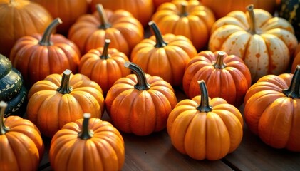 Gourds and pumpkins in a colorful arrangement with golden light, gourds, autumn, fruit