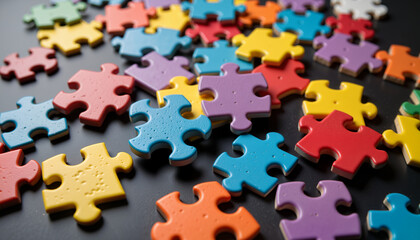 Fototapeta premium Colorful Puzzle Pieces on Black Background – For Educational Materials and Team Building Designs