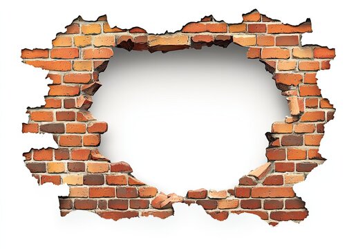 Fototapeta Hole in brick wall, isolated, background white, design element