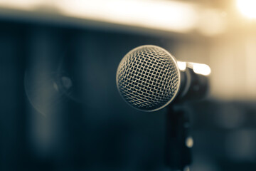 Microphone with blur light background Hall for reporter report new or public speaking or journalist...