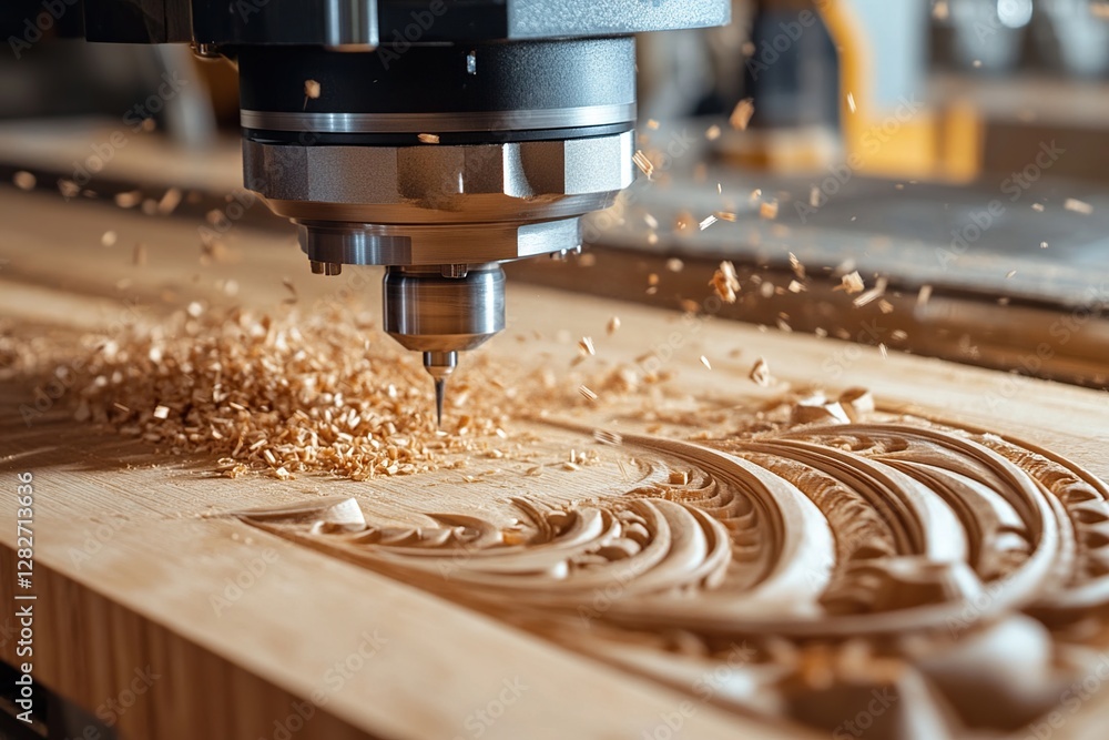Aufkleber cnc router carving intricate wooden designs, precisely cutting and shaping with dust flying, creatin