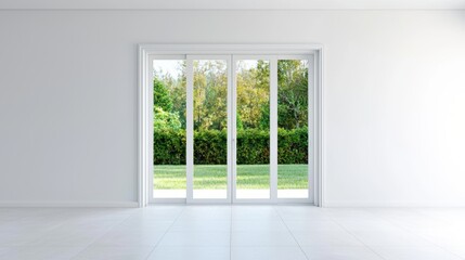 Obraz premium Bright and Spacious Empty Room with Sliding Glass Doors Overlooking Lush Green Landscape