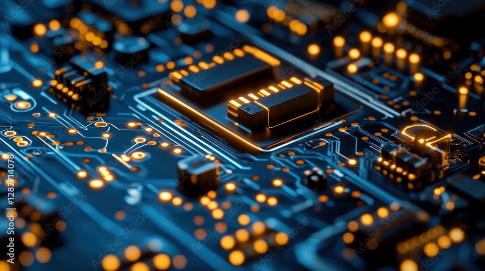 Poster close-up of a circuit board with glowing components, showcasing intricate technological details.