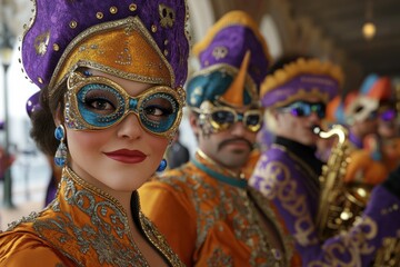 A vibrant scene featuring elaborately costumed individuals, showcasing colorful masks and attire, typical of a festive celebration.