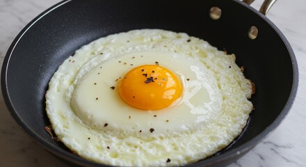 Perfect sunny side up egg sizzling in a nonstick pan, close up