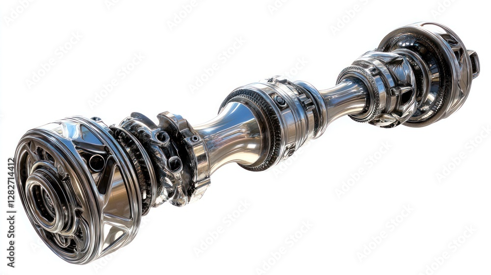 Poster Close-up of a complex, chrome-plated mechanical assembly, isolated on white.