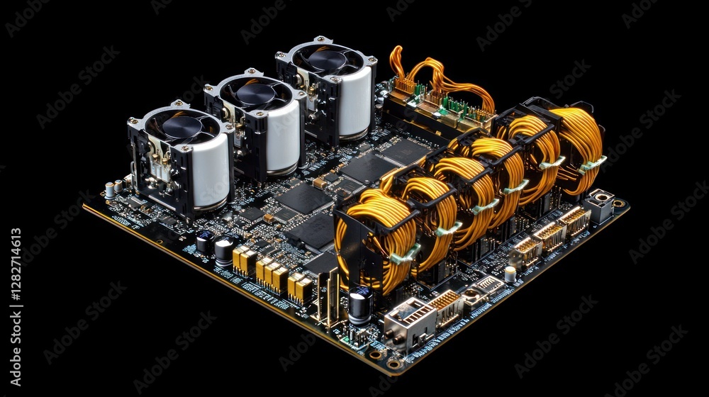 Fototapete close-up of a complex circuit board with multiple cooling fans and gold-colored components.