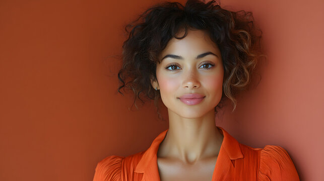 Confident young woman with curly hair standing against a bold-colored background, radiant smile