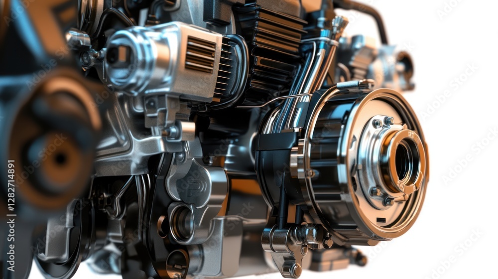 Poster close-up of a complex, detailed engine showcasing intricate mechanical parts and components.
