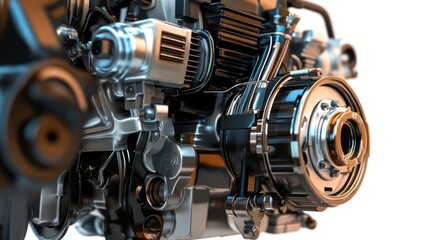 Close-up of a complex, detailed engine showcasing intricate mechanical parts and components.