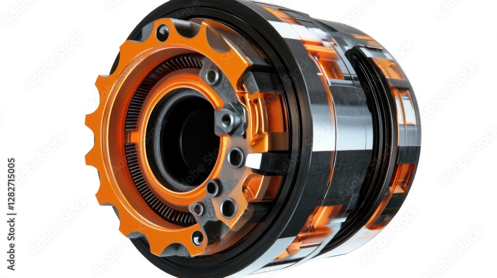 Leinwandbilder Close-up of a complex, cylindrical mechanical device with orange and black components, showcasing intricate gears and internal mechanisms.