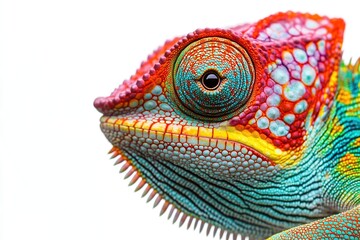 Fototapeta premium Vibrant Chameleon: Close-Up of Colorful Scales and Unique Eye Adaptation in Nature's Master of Camouflage