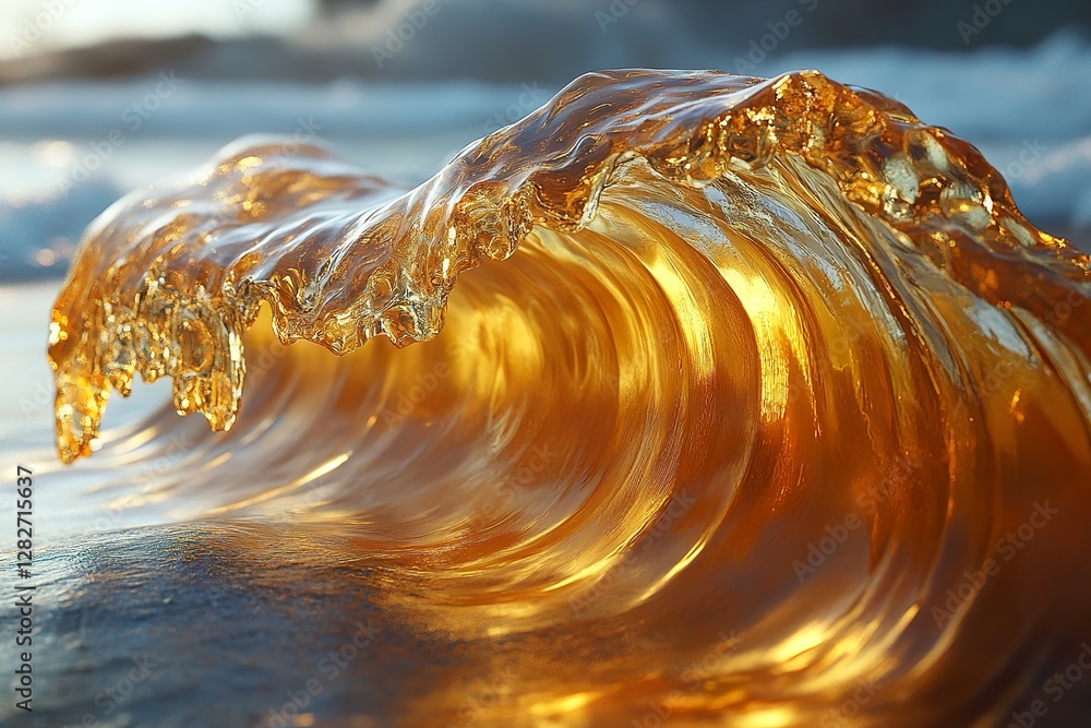 Poster sunlight transforms a powerful ocean wave into golden translucence